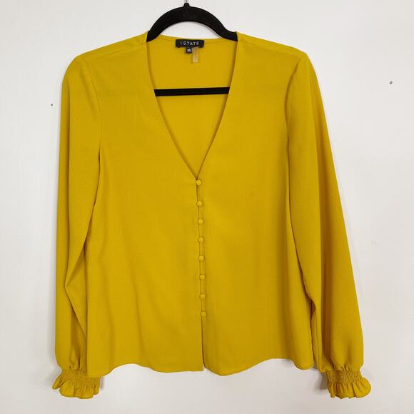 1. State Button Front Blouse Top in Honey Pot Yellow XSmall XS VNeck Ruffle Cuff - Picture 1 of 9